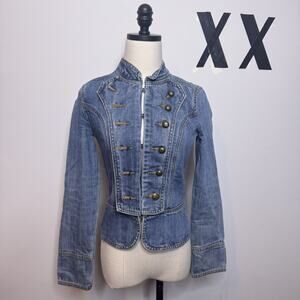 Vintage 90s Military Marching Band Denim Peplum Hook Front Jean Jacket Fitted S
